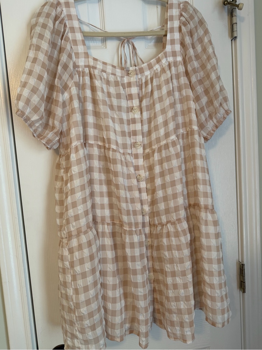 En Saison light pink and White Gingham Tiered Button-Front Dress